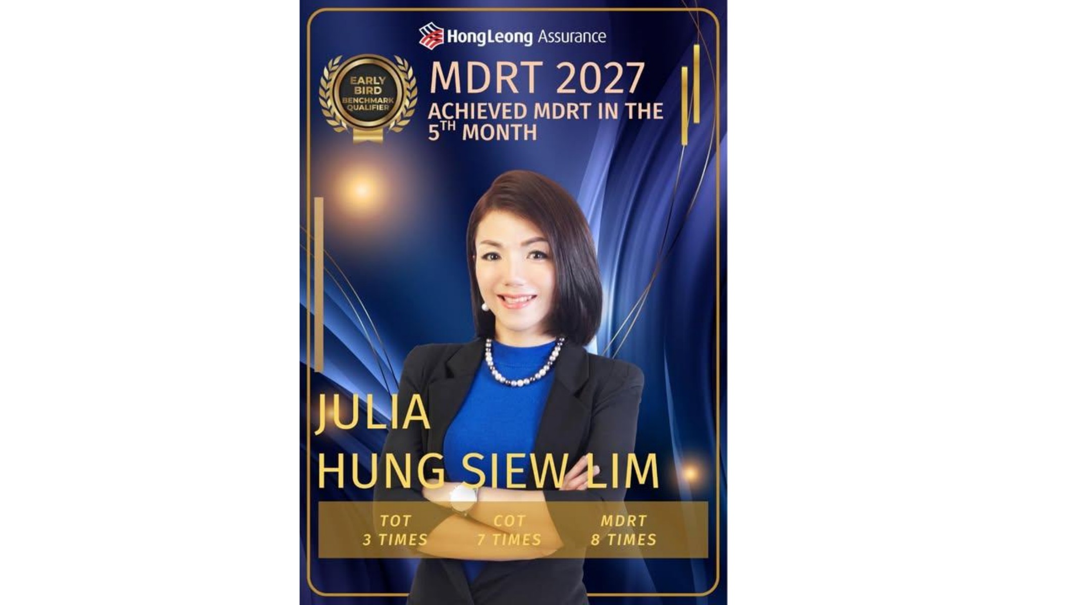 Julia Hung — MDRT 2027, achieved in the 5th month (Early Bird Benchmark Qualifier); 3× TOT, 7× COT, 8× MDRT