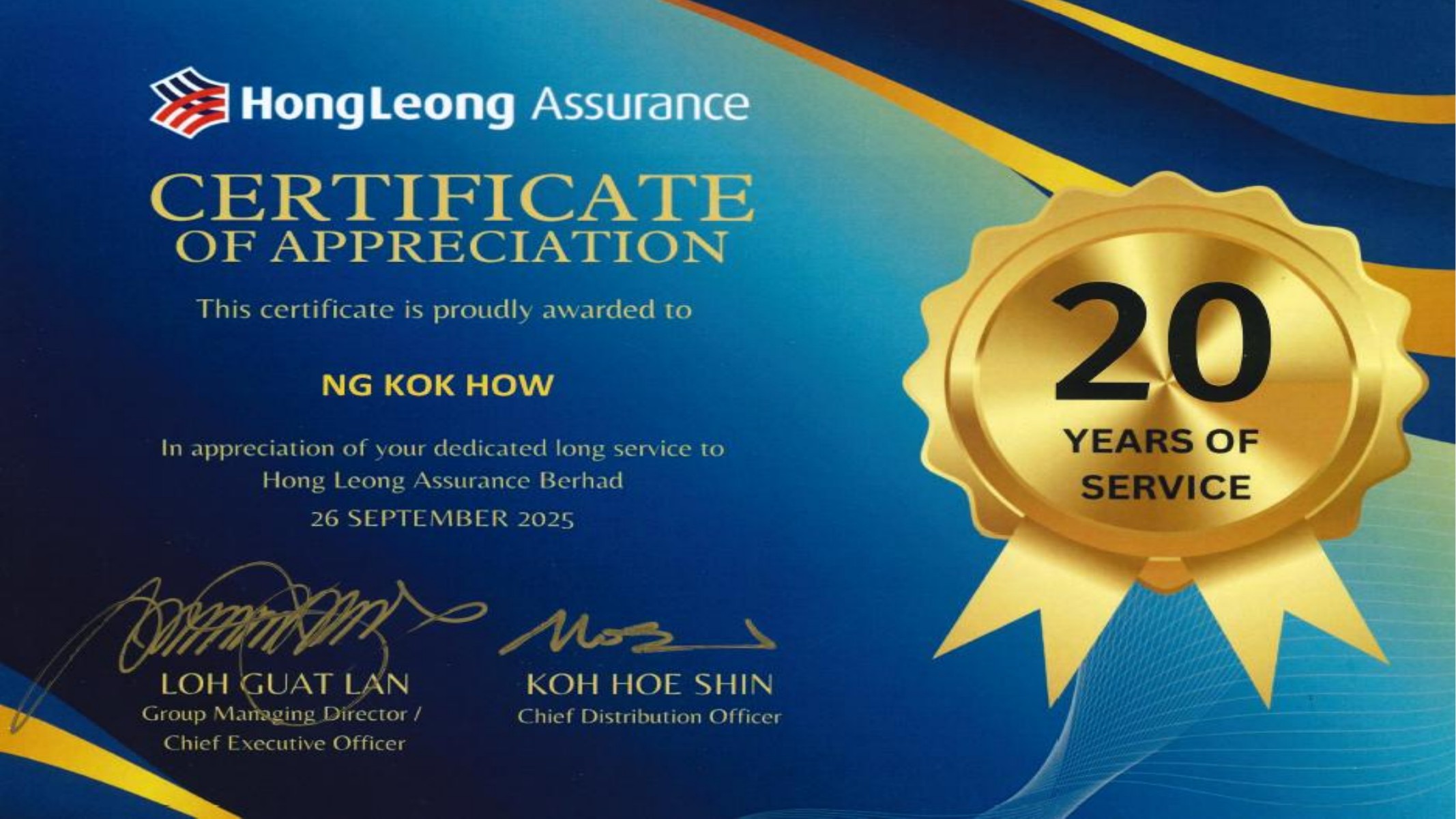 HLA 20 Years of Service Certificate